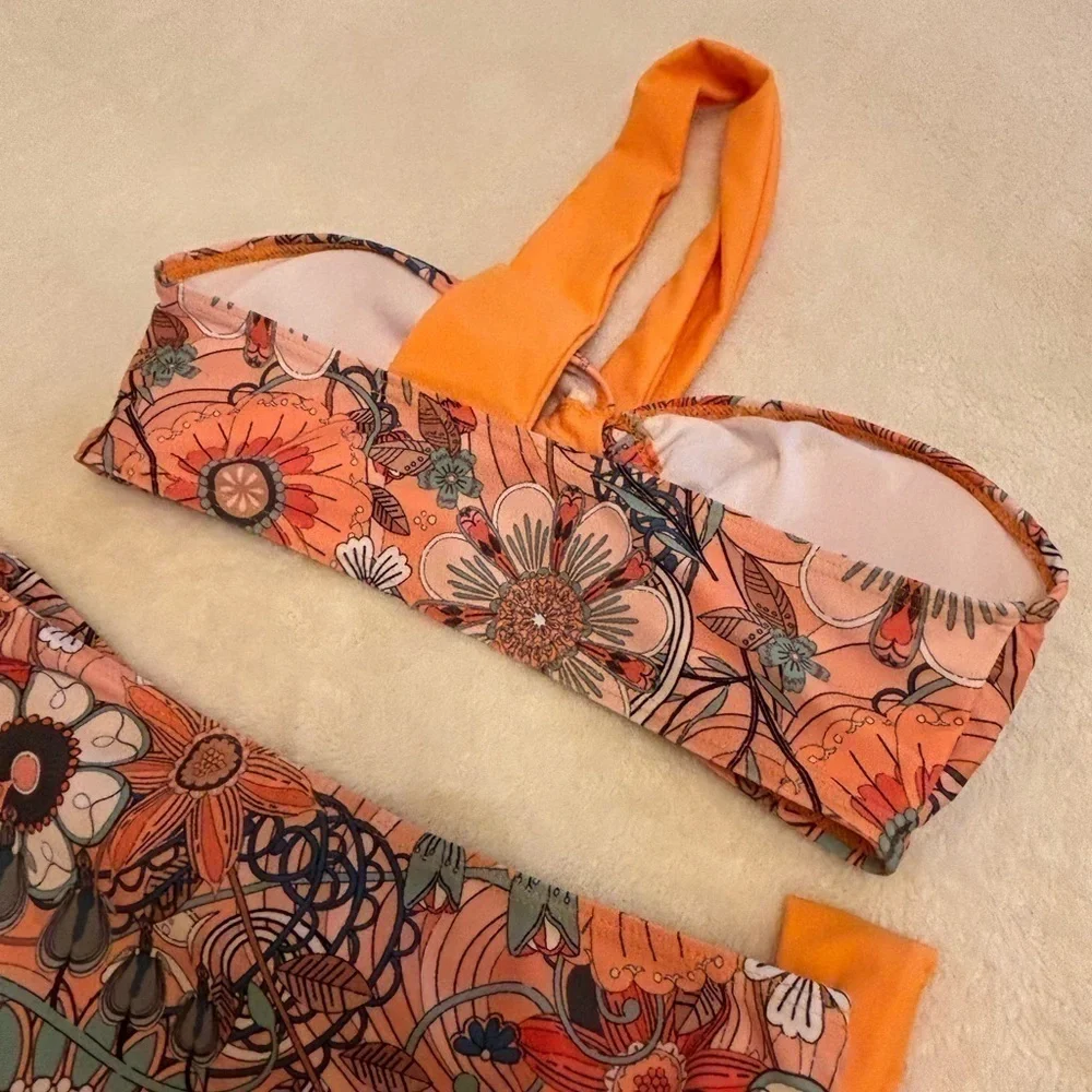 SHEIN ORANGE/FLORAL BIKINI SET SZ SMALL